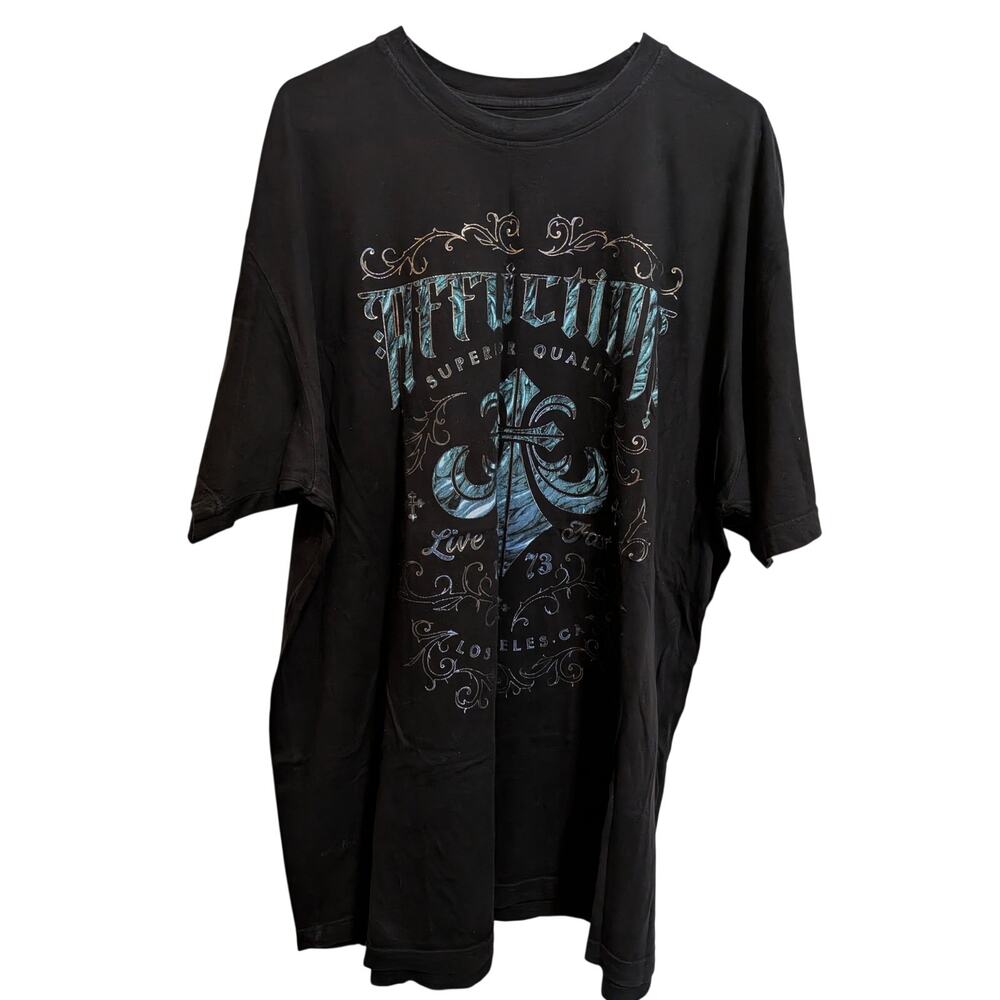 3X AFFLICTION Live Fast T-shirt Oak Aged Black Silver Blue Foil Print Y2K